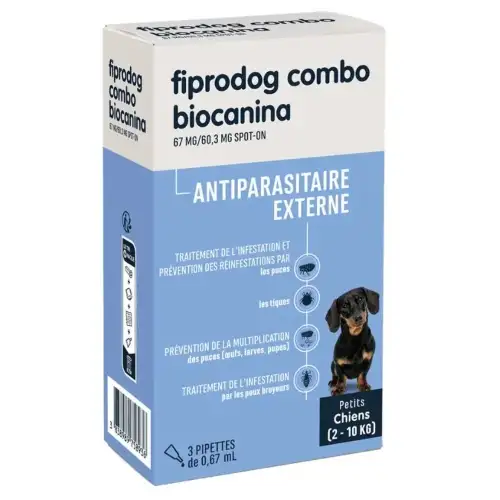 BIOCANINA - Fiprodog Combo Antiparasitaire Externe Chiens 2 à 10 kg - 3 pipettes