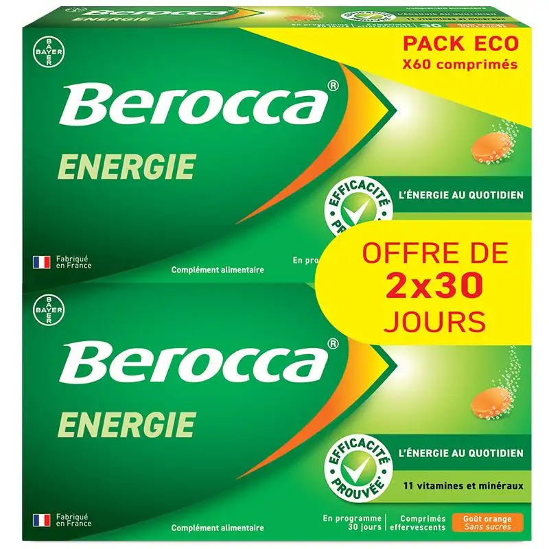 Berocca Énergie Orange Sans Sucre - 60 Comprimés Effervescents - Forme Physique et Activité Mentale