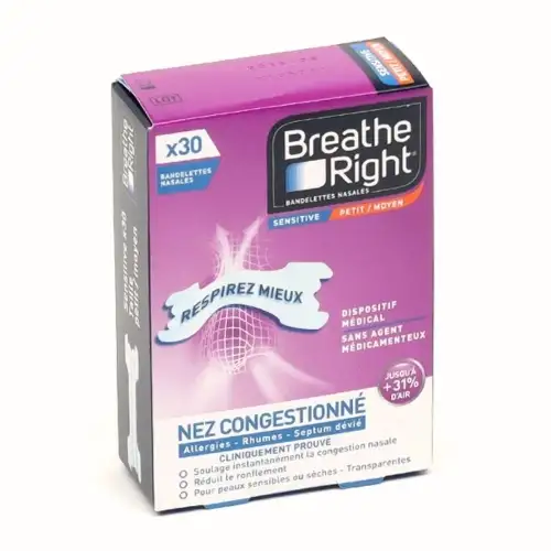PRORHINEL Breathe Right - Bandelettes nasales Rhume, Ronflement  - Transparentes - 30 bandelettes