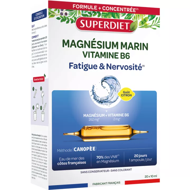 Superdiet Magnésium Marin et Vitamines B6 Fatigue Sytème Nerveux  20 ampoules