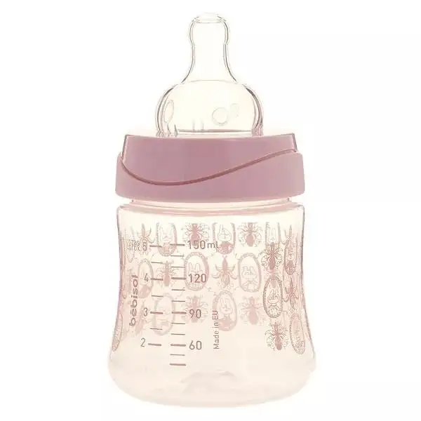 Bébisol Biberon Anti-Colique Silicone Col Large +0m Lapins Rose 150ml
