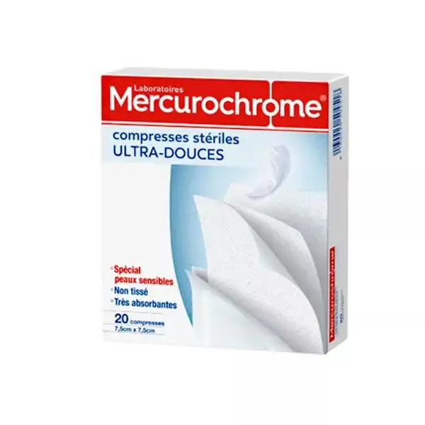 Mercurochrome Compresses Stériles Ultra Douces 7,5cm x 7,5cm 20 compresses
