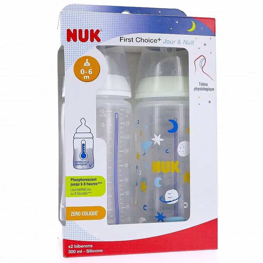 NUK First Choice - Biberon 1er âge 0-6mois 240ml lot de 2 jour/nuit