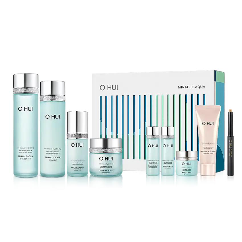 OHUI Miracle Aqua Set (Skin Softener, Emulsion, Essence, Gel Cream, Hyaluronic Water Patch)