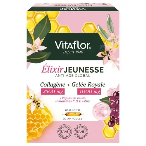 VITAFLOR Élixir Jeunesse Anti-âge Global - Collagène et Gelée Royale - 20 ampoules