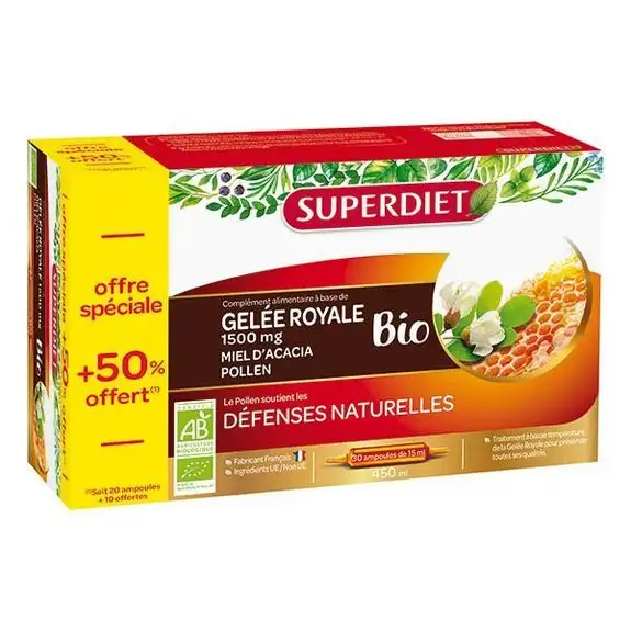 Superdiet Gelée Royale Miel d'Acacia, Pollen Bio - 20+10 Ampoules