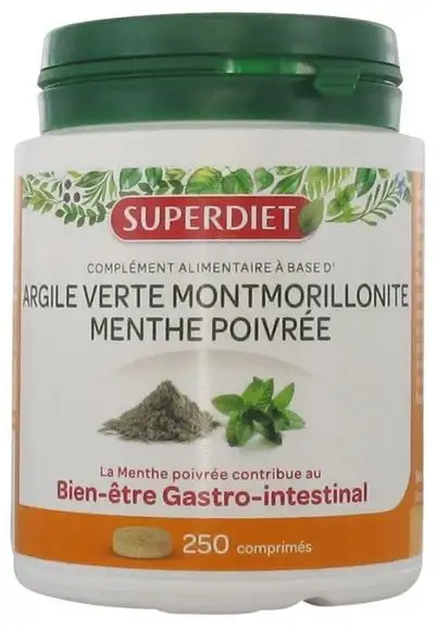 SuperDiet Argile Verte Montmorillonite Menthe Poivrée 250 Comprimés