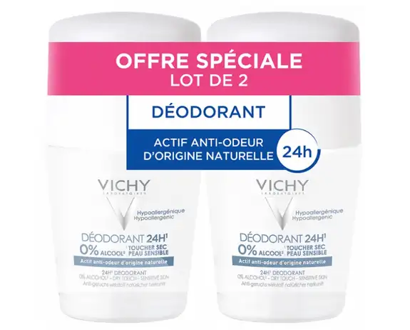 Vichy Déodorant 24H Toucher Sec Peau Sensible Roll-On Lot de 2 x 50 ml