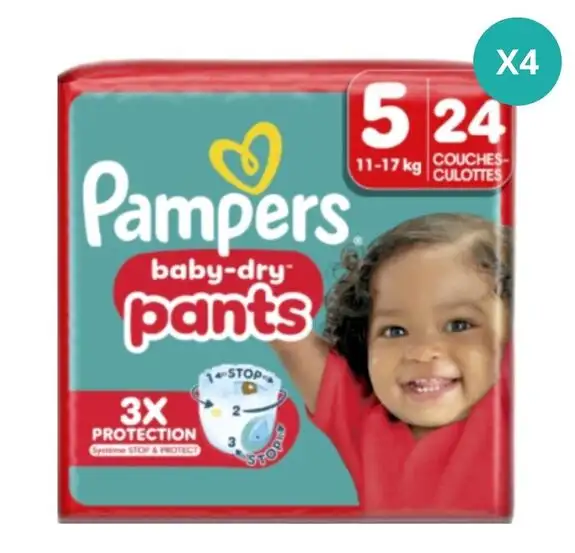 LOT DE 4 Pampers Baby-Dry Couches Culottes Bébés T5 (11-17kg) 24x4 : 96 couches