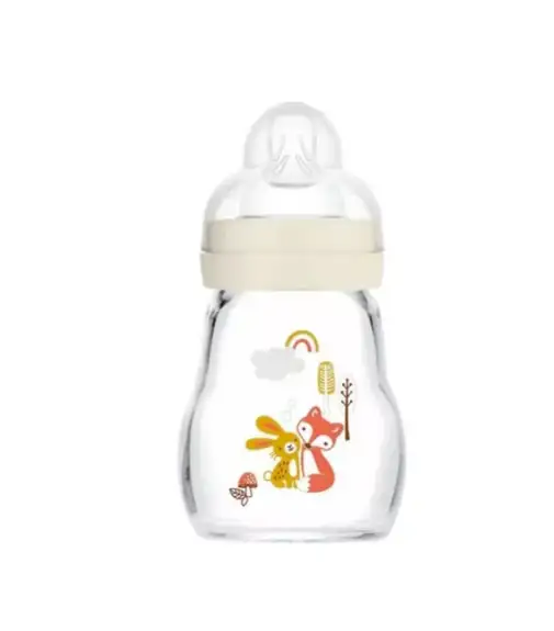 MAM  Biberon en Verre Premium 170ml Nature Lin 0 Mois et +, Tétine SkinSoft Débit 1