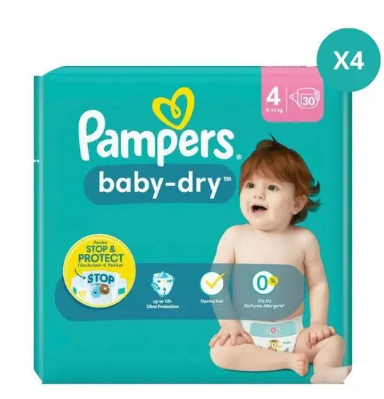 LOT DE 4 Pampers Baby-Dry Couches T4 (9-14k g) - 30x4 couches (120 couches)