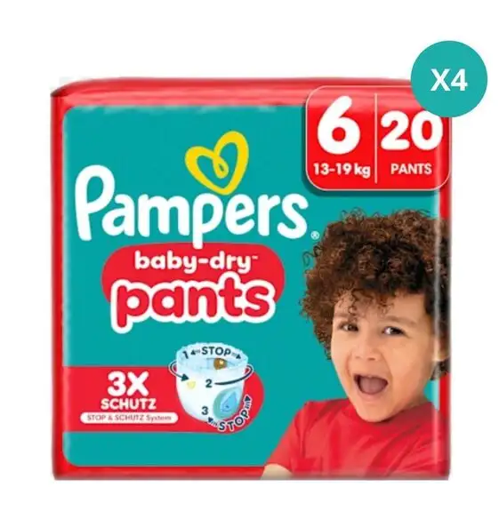 LOT DE 4 Pampers Baby-Dry Couches Culottes Bébés T6 (13-19kg) - 20x4 : 80 couches
