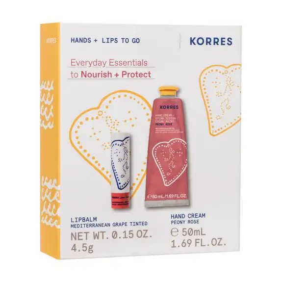 Korres Crème Mains Hydratante Peony Rose 50 ml + Korres Stick à Lèvres Teinté Raisin Méditerranéen 4,5 g